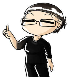 Person with glasses pointing up